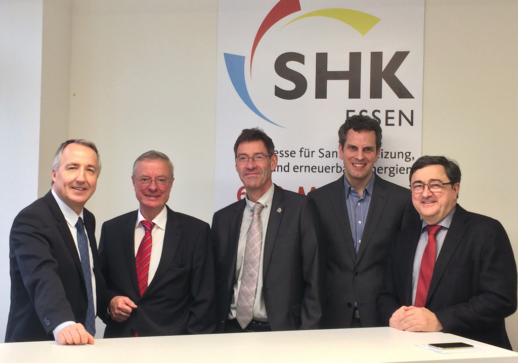 Vor-Pressekonferenz zur SHK 2018 am 13.12.2017 im ruhr:HUB im Deutschlandhaus, Essen (v.l.n.r.): Oliver P. Kuhrt, Andreas Lücke, Hans-Peter Sproten, Thilo Pahl und Gottfried Dutiné. Bild: Rainer Schimm / Messe Essen