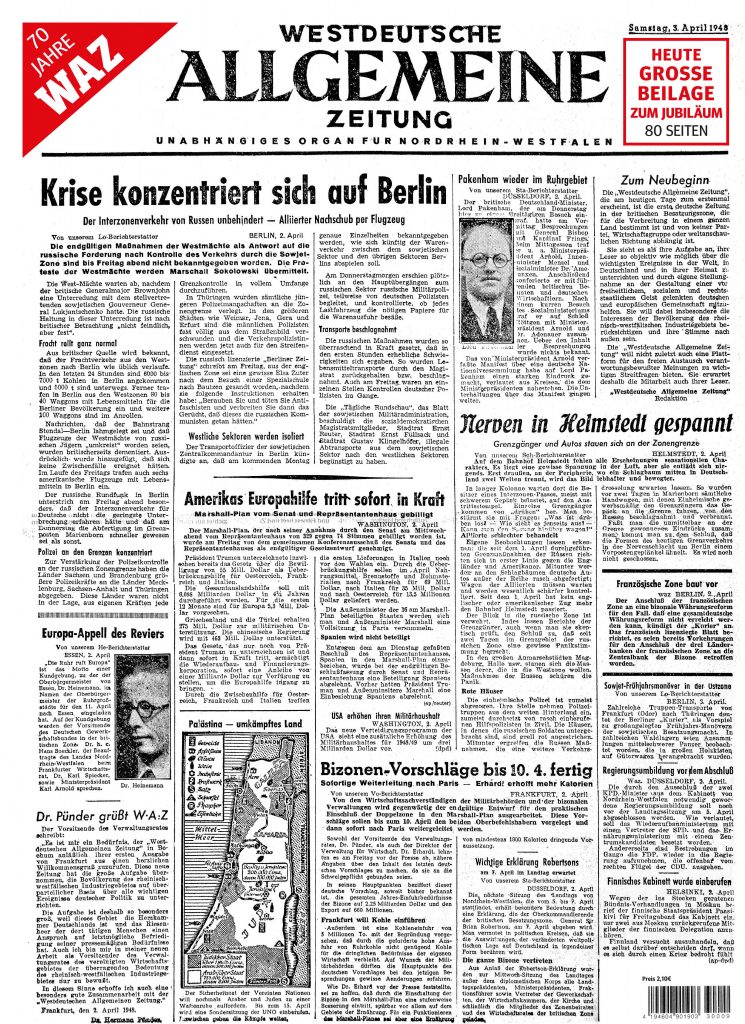 Eine Reproduktion der ersten WAZ-Titelseite ist Titel der JubiläumsausgabeEine Reproduktion der ersten WAZ-Titelseite ist Titel der Jubiläumsausgabe